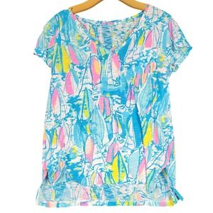 Lilly Pulitzer Womens Small Sailboat Print Cotton V-Neck Pocket T-Shirt Blue